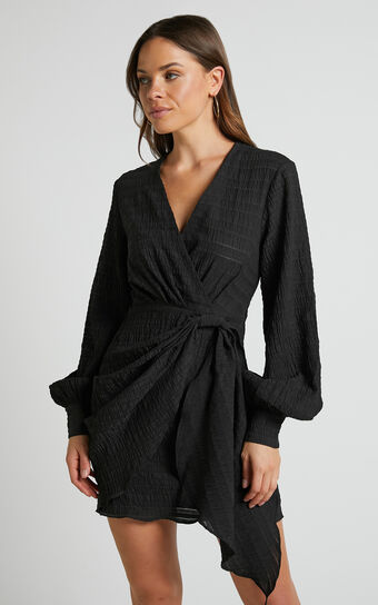 Kathlina Mini Dress - Bishop Sleeve Plunge Neck Knot Waist Detail Dress in Black