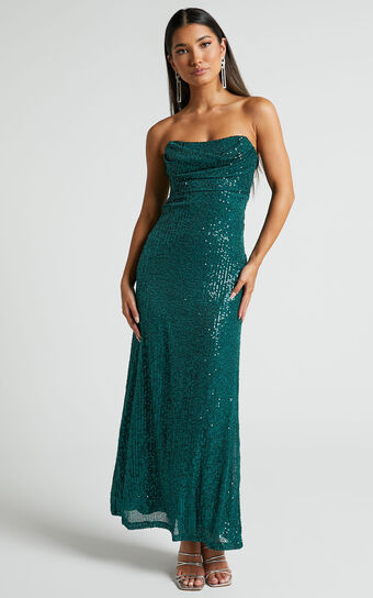 Ibiza Midi Dress - Scoop Neck Strapless Bustier Sequin Dress in Emerald