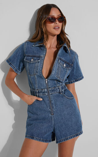 Mauriel Playsuit - Recycled Cotton Utility Playsuit in Dark Blue