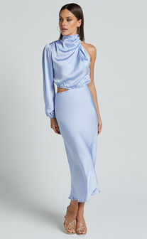 Marcela Midi Dress - Drape Neck One Sleeve Satin Bias Cut Dress in Light Blue