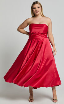 Helaina Midi Dress - Strapless A-Line Satin Dress in Red