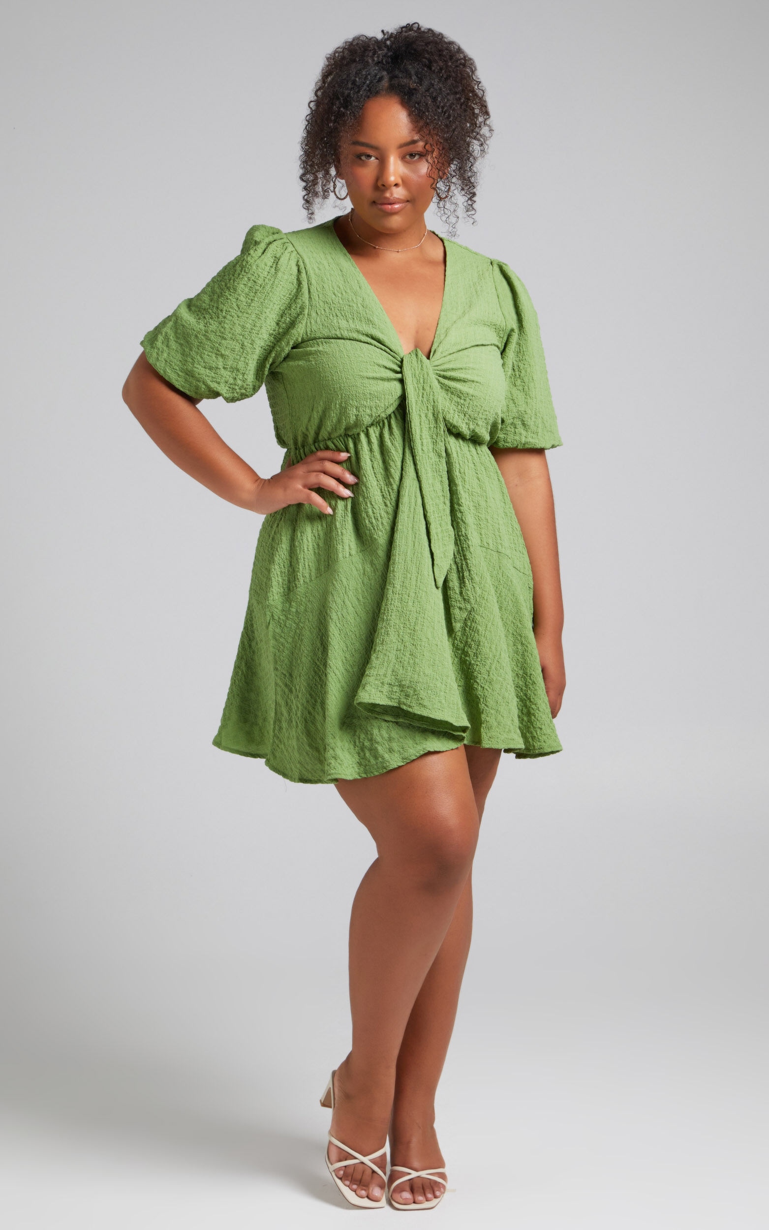 Rosalei Mini Dress Puff Sleeve Tie Front Dress in Green Showpo