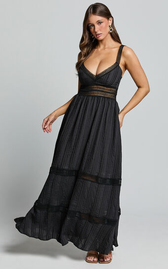 Angelique Maxi Dress - Lace Trim Dress in Black