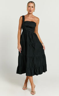 Stephanie Midi Dress - One Shoulder Tiered Midi Dress in Black