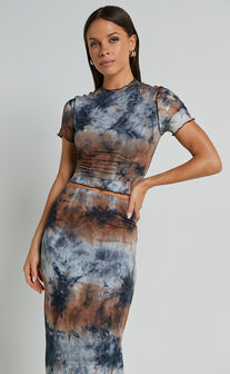 Salem Two Piece Set - High Neck Short Sleeve Top and Midi Skirt Set in Blue Tie Dye