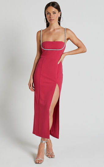 Sharley Midi Dress - Diamante Detail Pencil Dress in Fuschia
