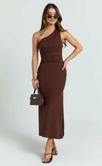 Cassia Midi Dress - One Shoulder A Line Dress in Chocolate