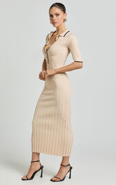 Lada Midi Dress - Short Sleeve Button Front Knit Dress in Cream/Black ...