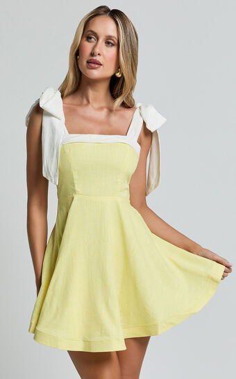 Kirsten Mini Dress - Shoulder Tie Fit and Flare Dress in Lemon