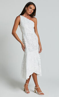 Beth Midi Dress - One Shoulder Ruffle Hem Lace Dress in White