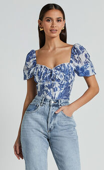 Liana Top - Short Sleeve Bustier Top in White and Blue Floral