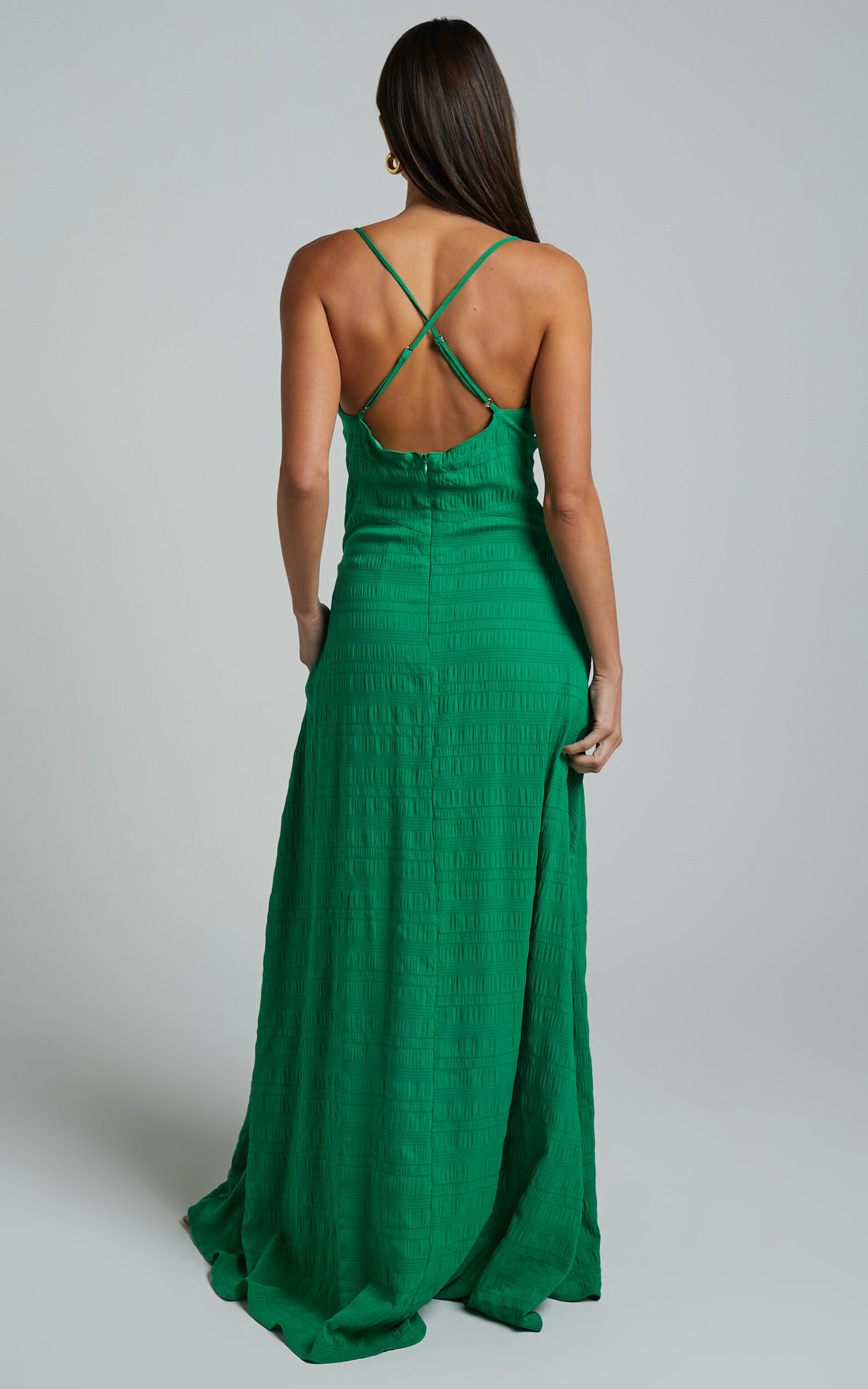 Marisse Maxi Dress Cut Out Front Split Cross Back Textured Dress in Green