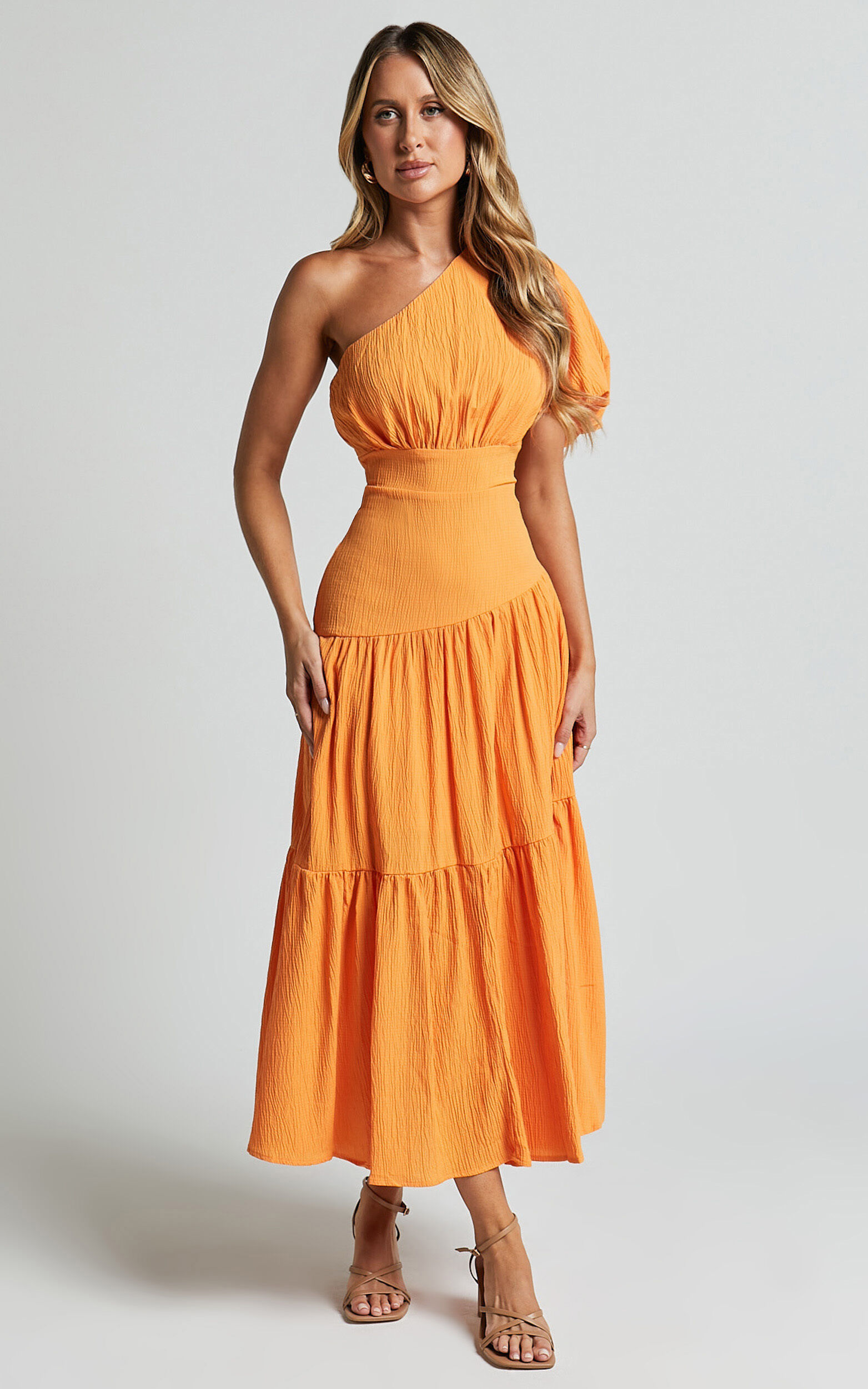 Ciara Midi Dress One Shoulder Short Puff Sleeve Tiered Dress in Mango Showpo