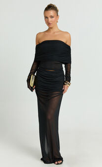 Roza Maxi Skirt - Mid Waist Sheer Mesh Skirt in Black