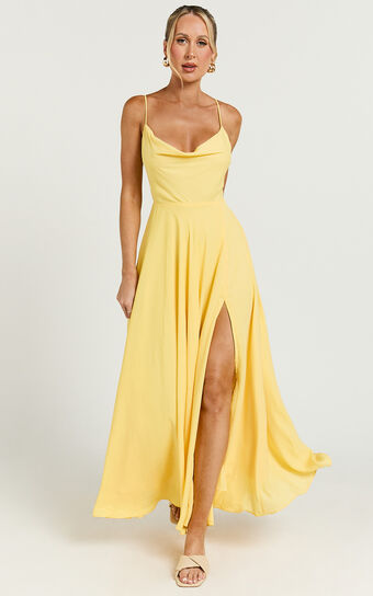 Celestine Midi Dress - Lace Up Back Cowl Neck Dress in Lemon