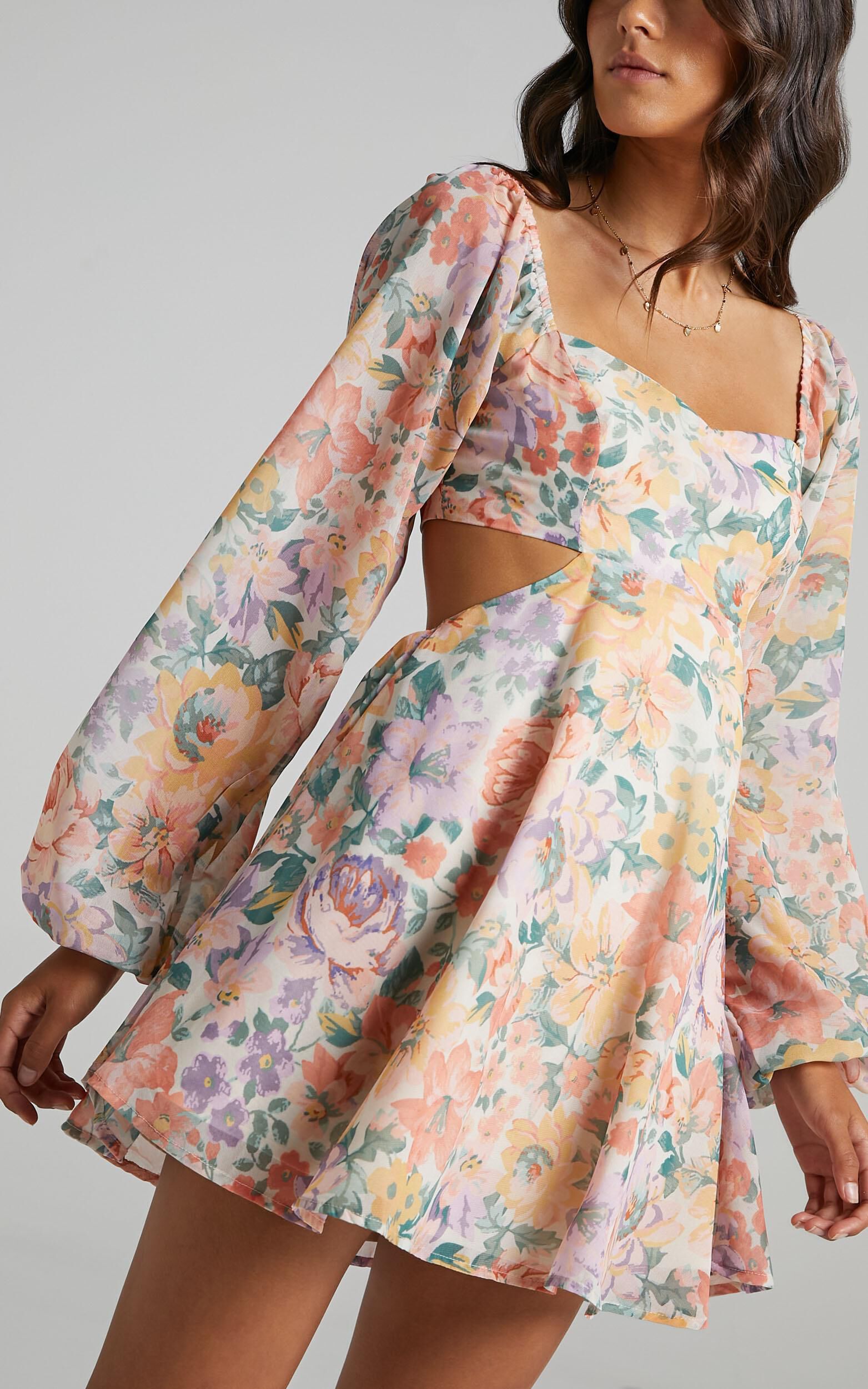 Ebonee Long Puff Sleeve Mini Dress in Flower Crown Showpo USA
