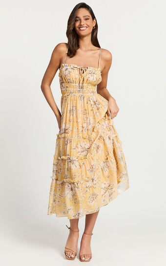 Fran Midi Dress - Ruched Tie Front Tiered Dress in Yellow Floral