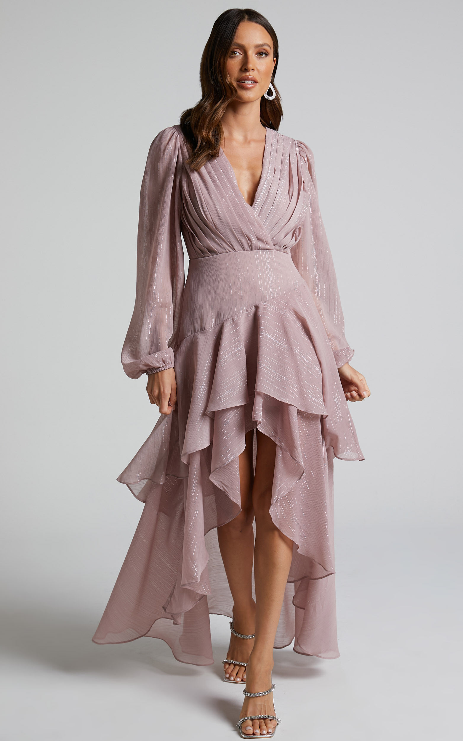 Claudita Midi Dress - Long Sleeve High Low Hem Dress in Dusty Rose - 04, PNK1