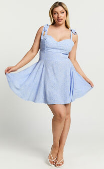 Lorreta Mini Dress - Tie Shoulder Sweetheart Dress in Dusty Blue Floral