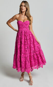 Gabriela Midi Dress - Strapless Lace Dress in Magenta