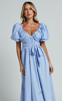 Corrie Midi Dress - Puff Sleeve V Neck Tie Front Flare Dress in Blue