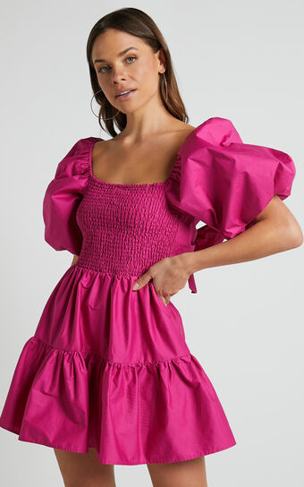 Adanny Mini Dress - Shirred Puff Sleeve Dress in Berry