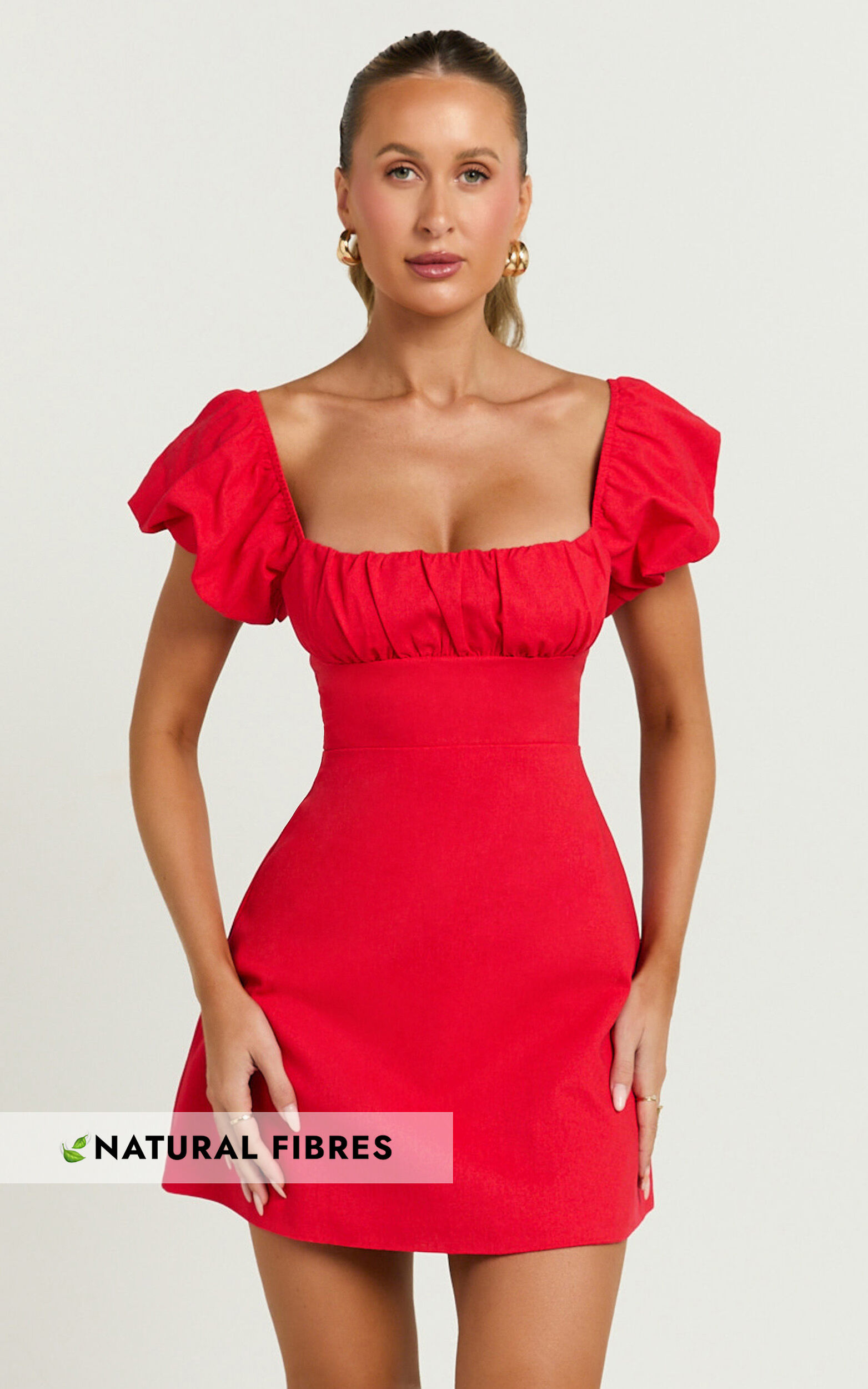 Ginny Mini Dress - Square Neck Ruched Bodice Puff Sleeve Straight Dress in Red - 06, RED1