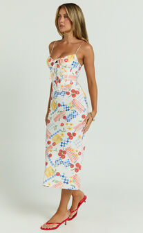 Mikayla Midi Dress - Linen Scoop Neck Ruched Bust Corset Waist Bias Skirt Dress in Pomodoro Paradise Print