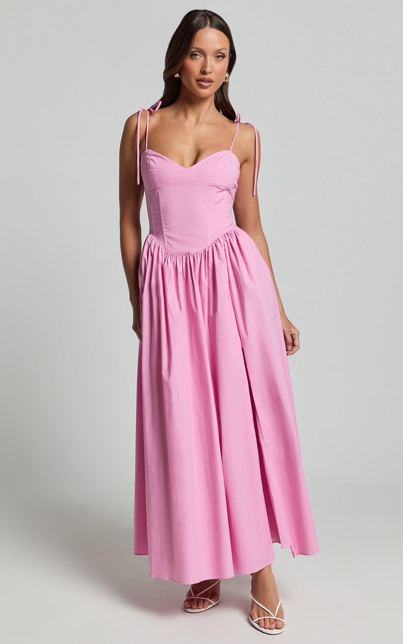 Holly Midi Dress - Corset Lace Up Dress with Split in Musk Pink | Showpo