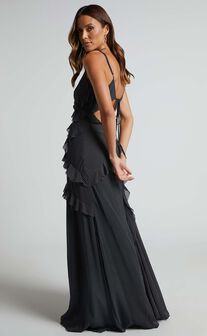 Nitha Maxi Dress - Asymmetrical Frill Thigh Split Dress in Black Polka