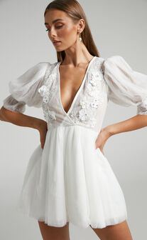 Akshia Mini Dress - Puff Sleeve Floral Detail Plunge Neck Dress in White