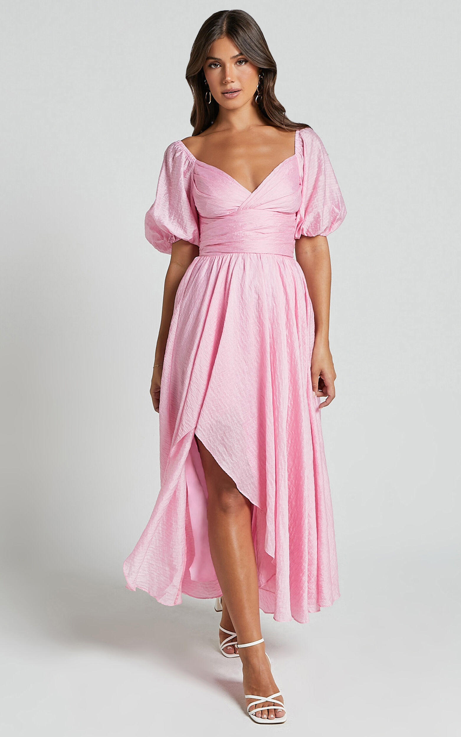 Dorothea Midi Dress - V Neck Puff Sleeve Ruched Bust in Pink - 06, PNK1