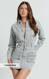Kamala Mini Dress - Long Sleeve Button Through Denim Dress in Grey