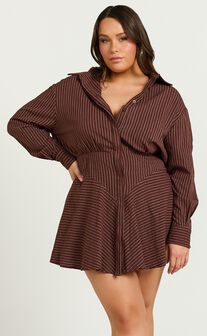 Whitney Mini Dress - Linen Long Sleeve Shirt Dress in Chocolate Pinstripe
