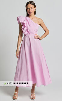 Dixie Midi Dress - Linen Look One Shoulder Ruffle Dress in Pink