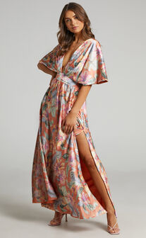 Sophia Maxi Dress - Plunge Neck Bat Wing Sleeve Dress in Multi Floral