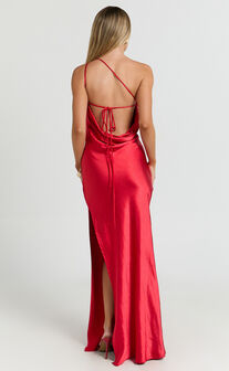 Helga Maxi Dress - Satin One Shoulder Cowl Back Bias Cut Dress in Red