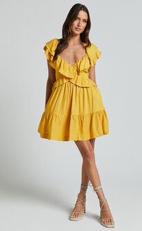 Amalie The Label - Hescia Linen Blend Frill Detail Low Back Mini Dress in Warm Yellow Gold