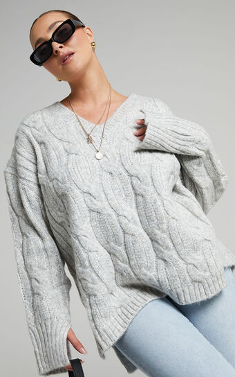 Josie V Neck Oversized Cable Knit Jumper in Grey Marle