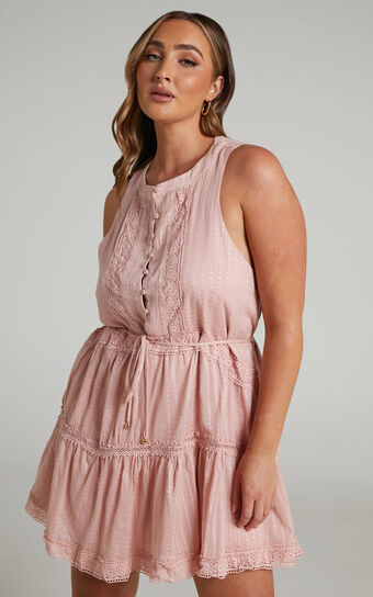 Scotty Mini Dress - Button Up Broderie Dress in Dusty Pink