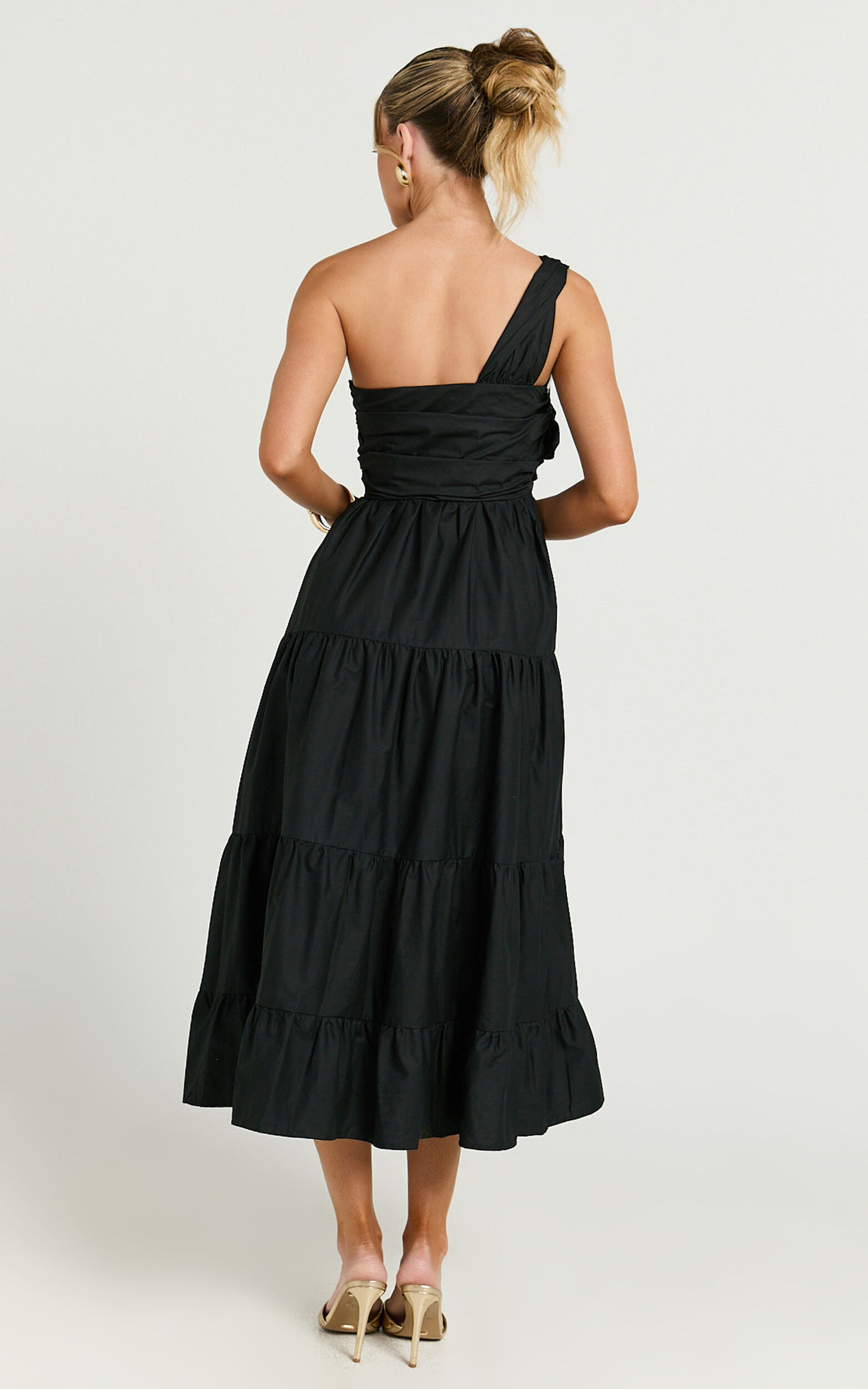 Stephanie Midi Dress - One Shoulder Tiered Midi Dress in Black | Showpo