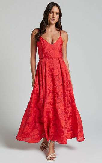 Philine Midi Dress - Jacquard Plunge Fit and Flare Dress in RED