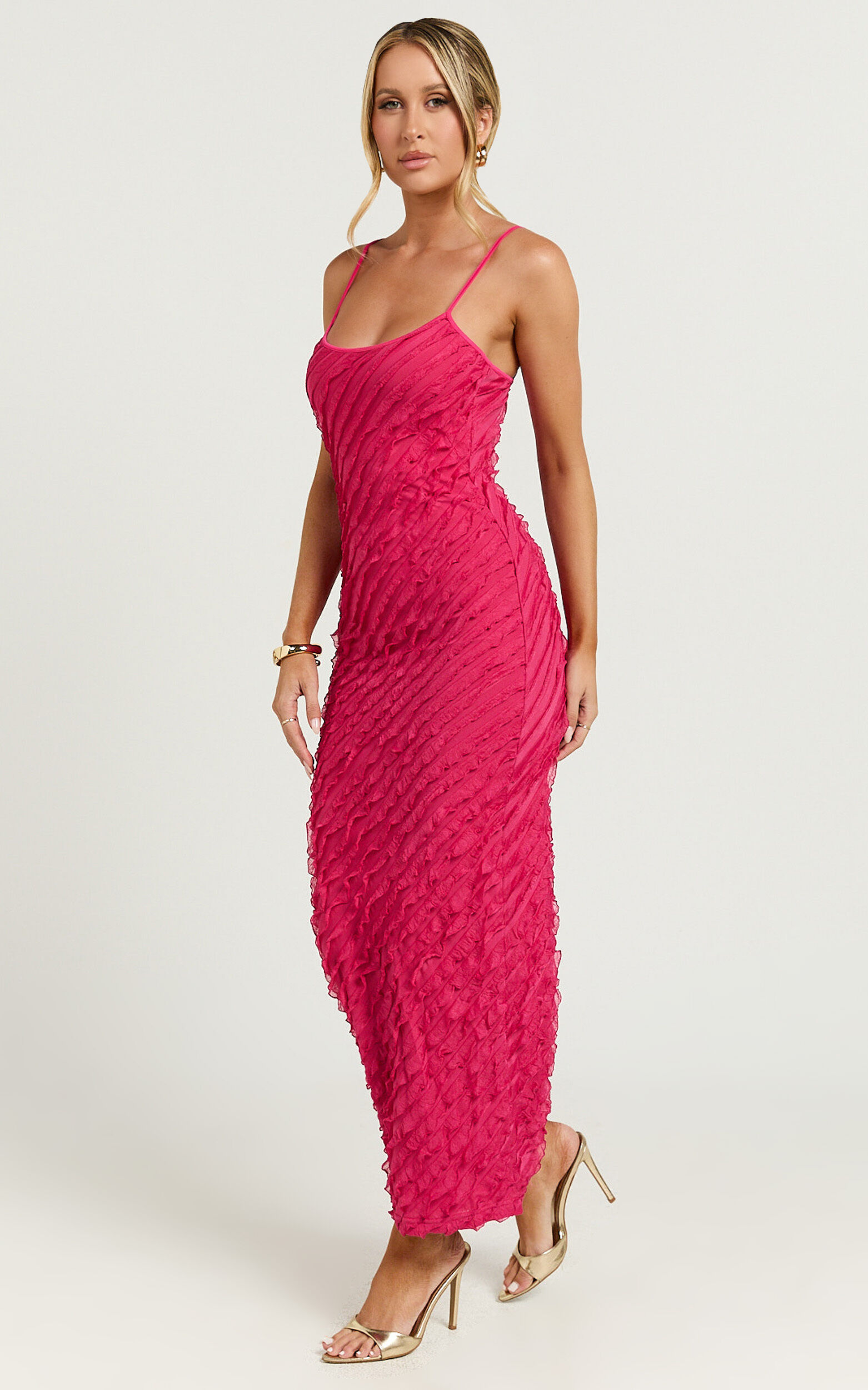 Lilibeth Midi Dress Strappy Frill Detail Slip Dress in Pink