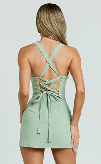 Mikayla Mini Linen Blend Dress - Sweetheart Ruched Bust Fitted Dress in Sage