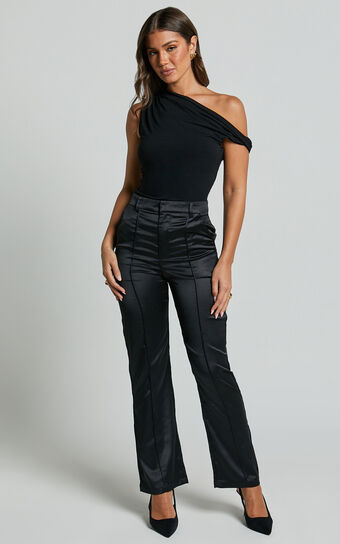 Luella Pants - Satin Straight Leg Tailored Trousers in Black Showpo