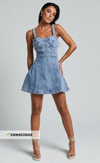 Estonia Mini Dress - Denim Dress in Mid Blue Wash
