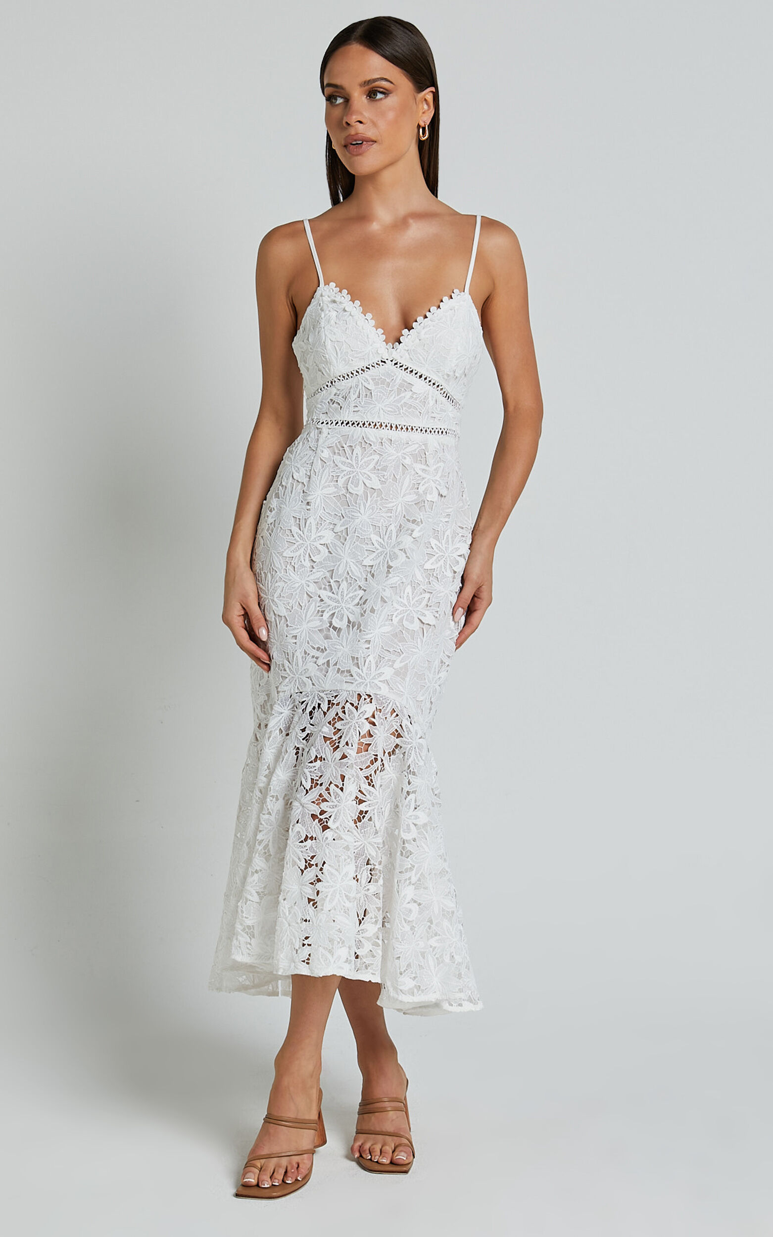 Aracely Midi Dress - Strappy Sweetheart Lace Mermaid Dress in White