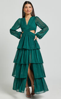 Jacinda Maxi Dress - Cut Out Long Sleeve Thigh Split Tiered Dress in Emerald