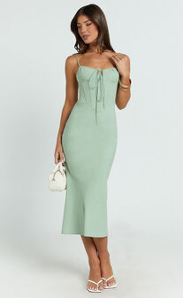 Mikayla Midi Dress - Linen Scoop Neck Ruched Bust Corset Waist Bias Skirt Dress in Sage