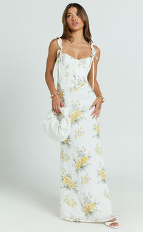 Mabel Maxi Dress - Georgette Frill Sleeve Sweetheart Bias Cut Dress in Antique Florals